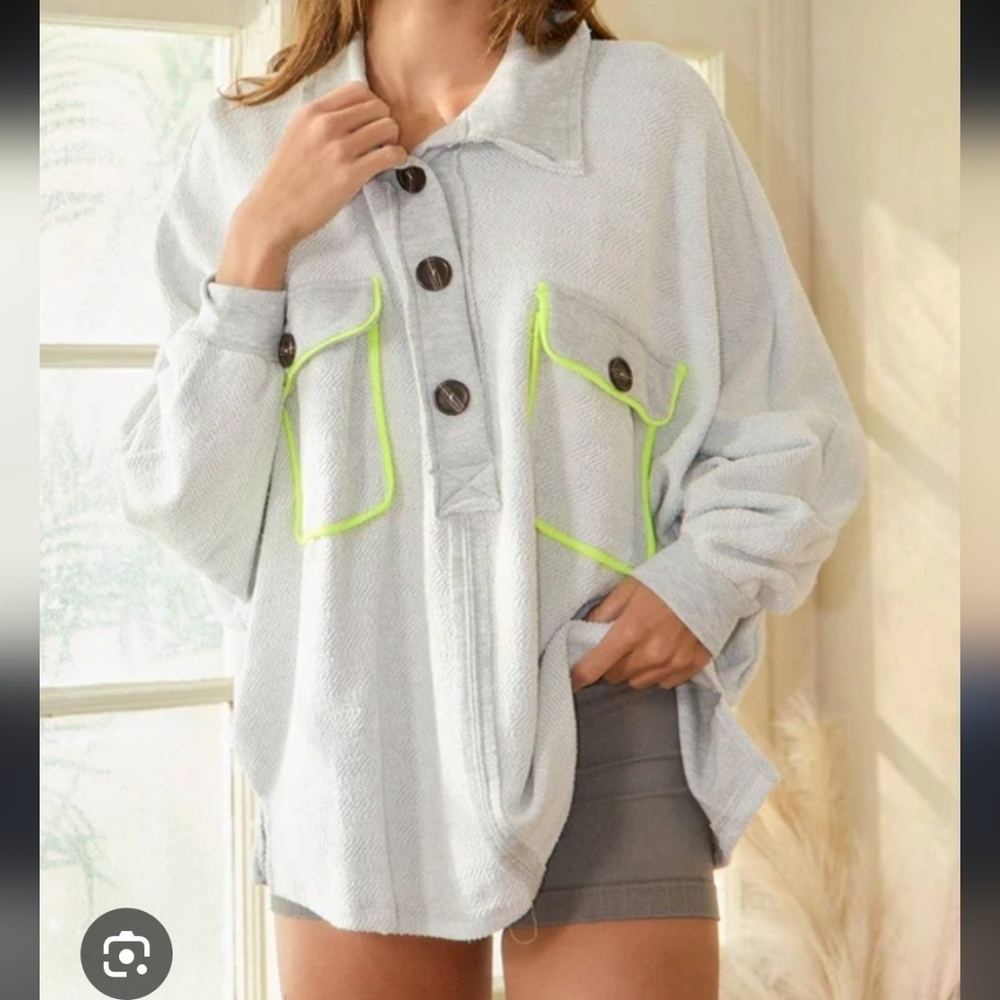 Bucket List Oversized Long sleeve banded cuff Neon Yellow Piping Sweater Sz M